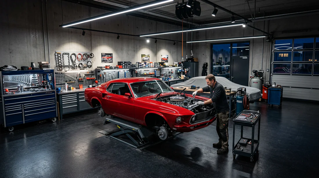 Muscle car américaine en cours de restauration dans un atelier spécialisé