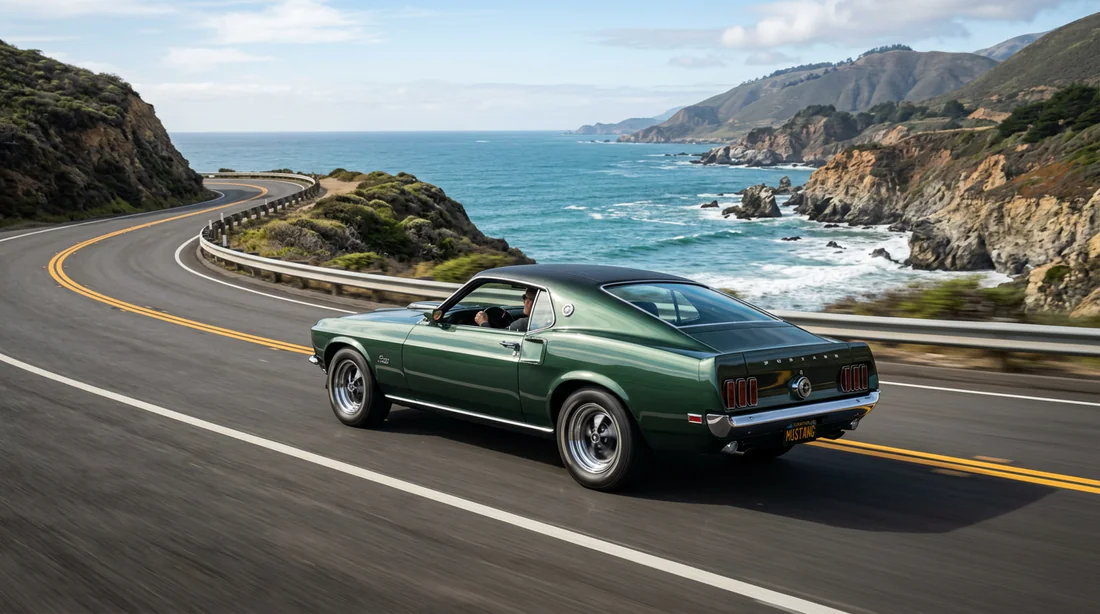 Ford Mustang Fastback classique roulant le long d'une côte ensoleillée
