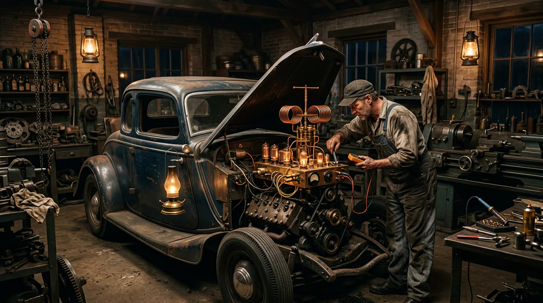 Atelier vintage des années 1930 montrant une voiture expérimentale équipée de tubes à vide et bobines.