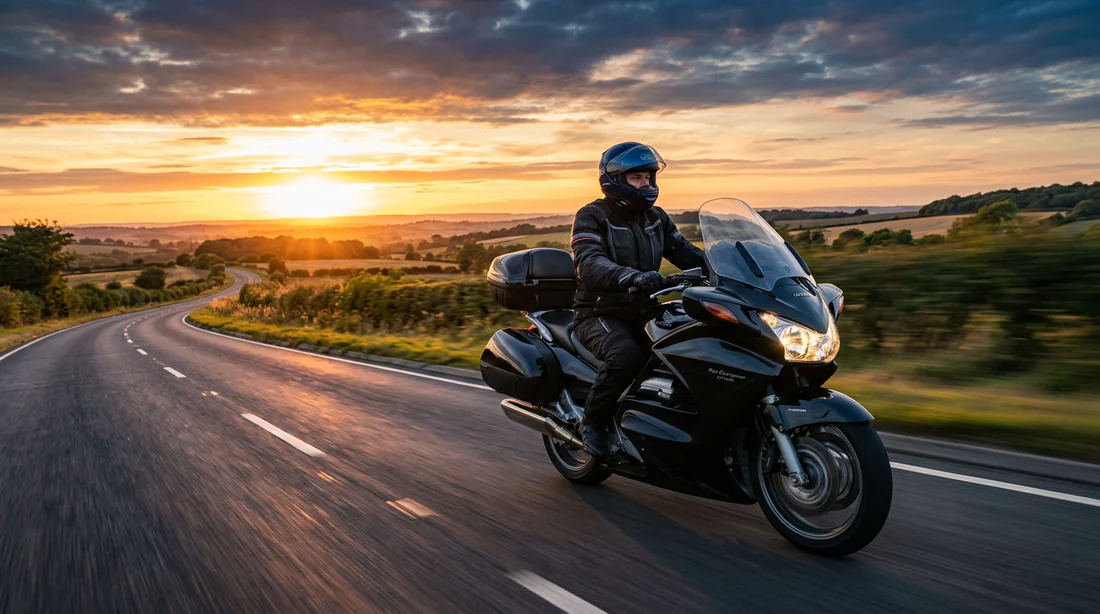 Motard au volant d'une Honda Pan European 1300 sur autoroute au coucher du soleil