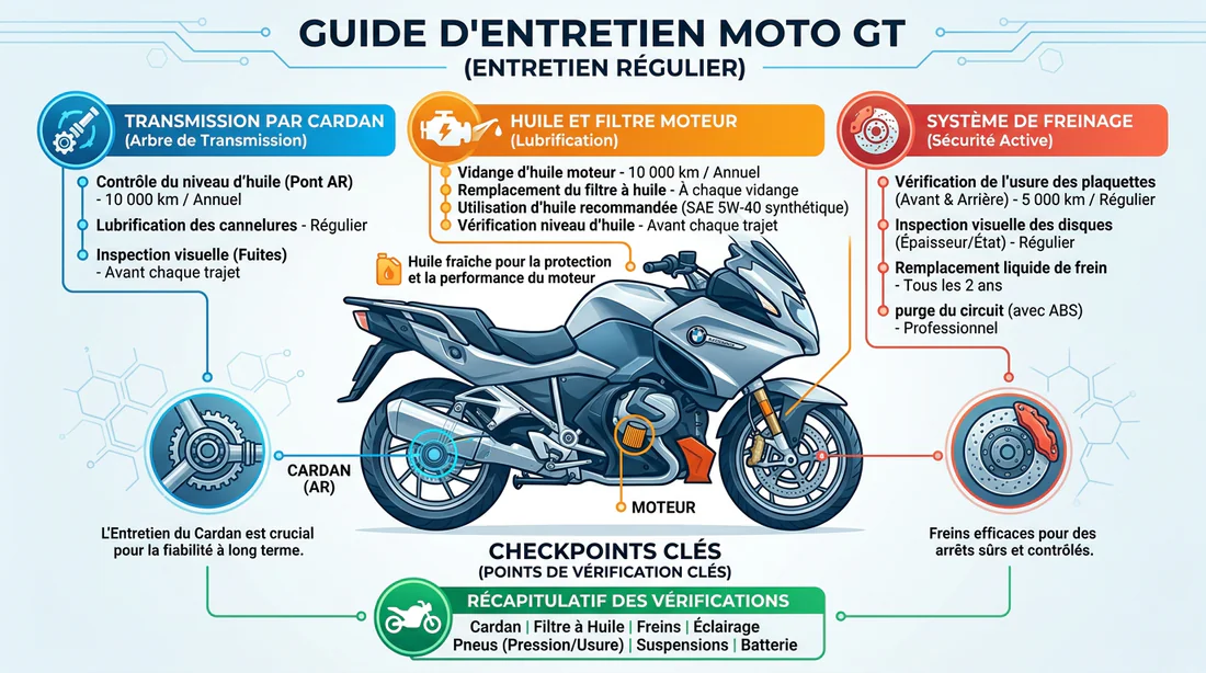 Schéma explicatif des points d'entretien clés d'une moto Grand Tourisme