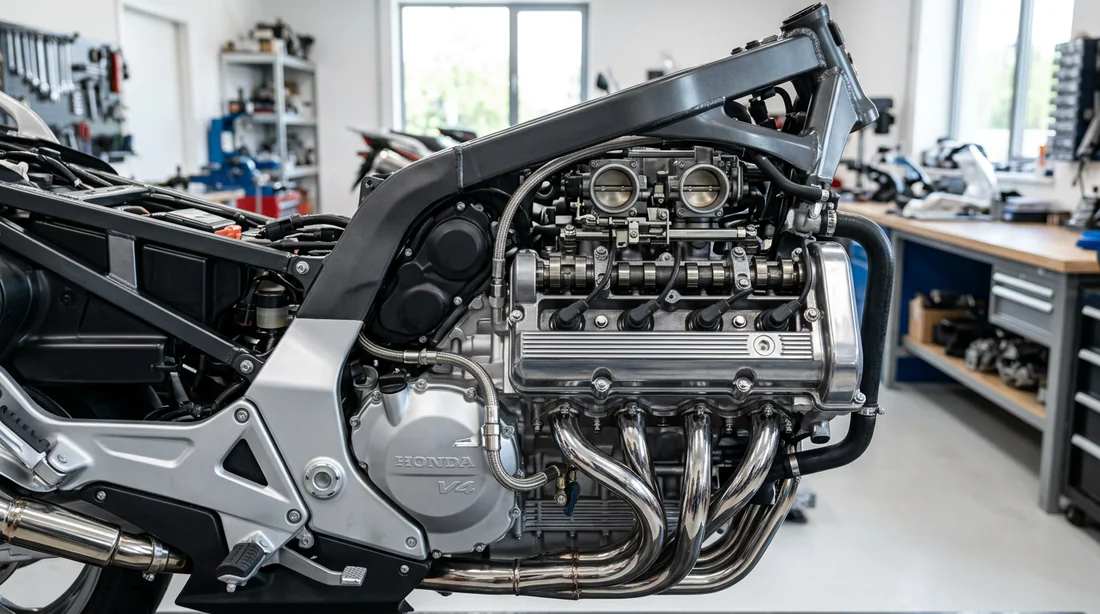 Gros plan sur le moteur V4 longitudinal de la Honda Pan European 1300
