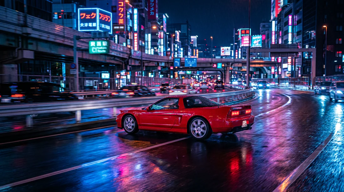 Honda NSX rouge roulant de nuit sur une autoroute de Tokyo sous les néons
