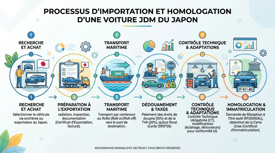 Infographie expliquant le processus d'importation d'une voiture JDM en France