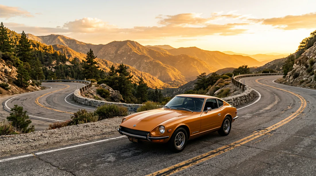Datsun 240Z classique au coucher du soleil sur une route de montagne