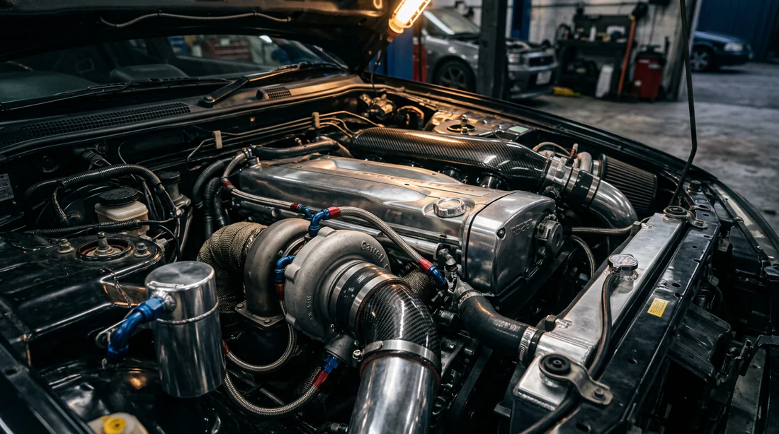 Compartiment moteur préparé d'une voiture sportive japonaise JDM