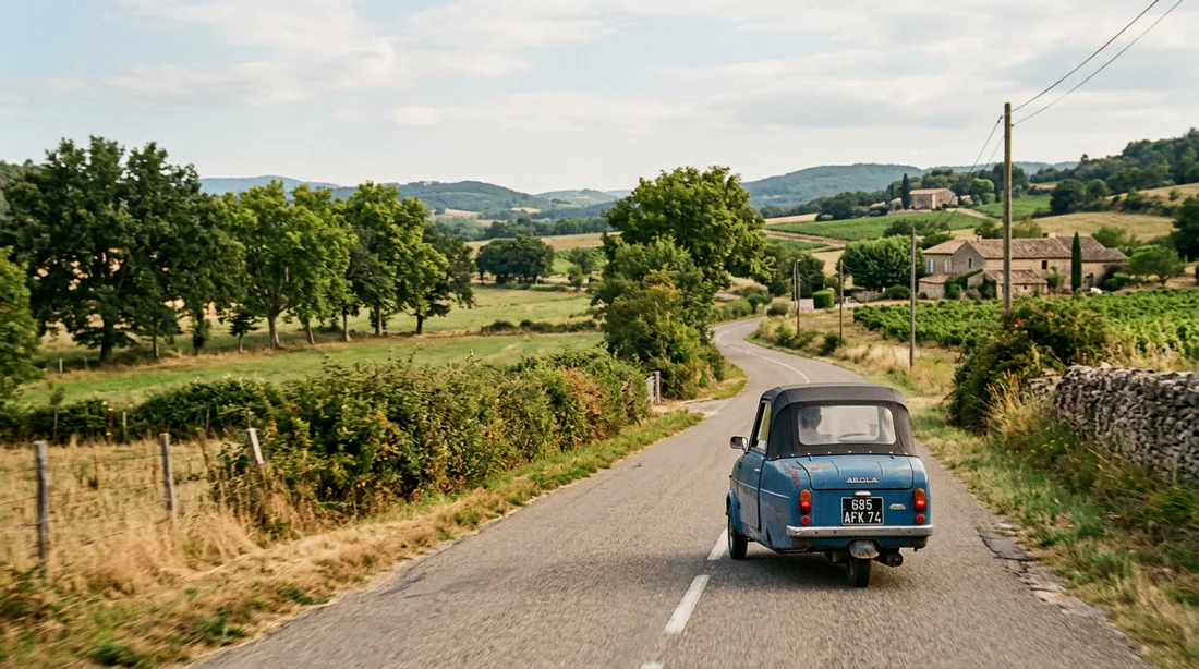 Voiturette Arola bleue roulant sur une route de campagne française dans les années 80.
