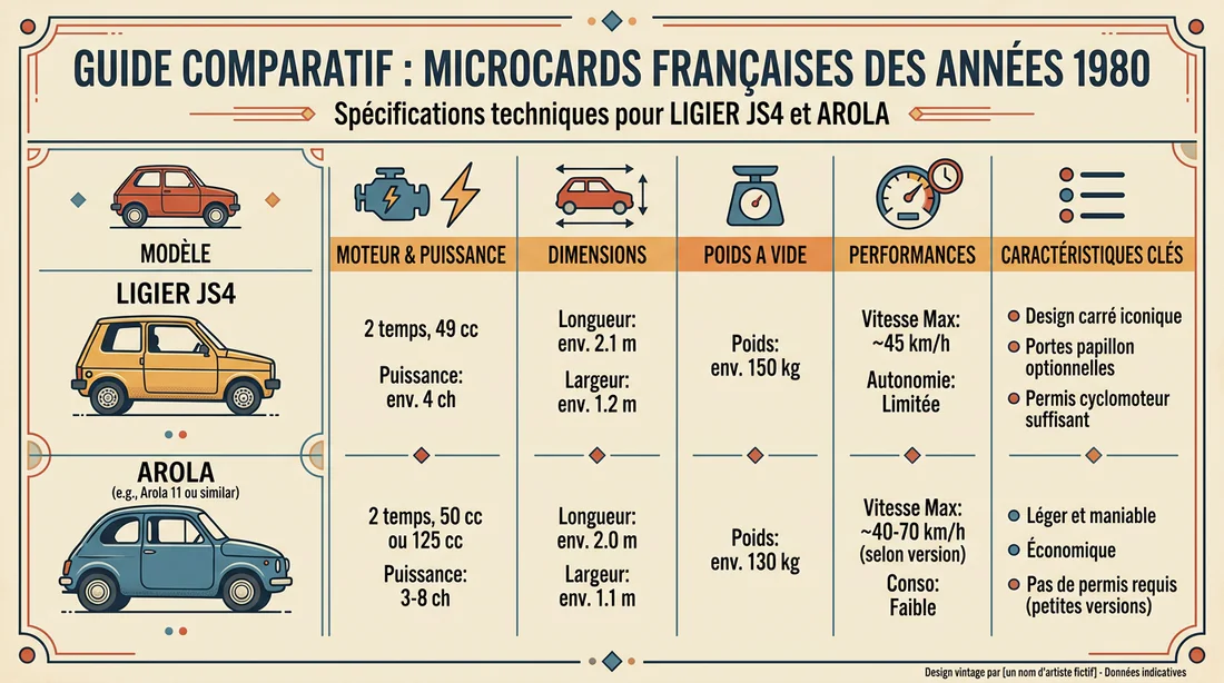 Infographie comparative des caractéristiques des voitures sans permis des années 80.