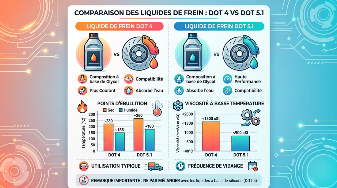 Infographie comparative des caractéristiques du liquide de frein DOT 4 et DOT 5.1