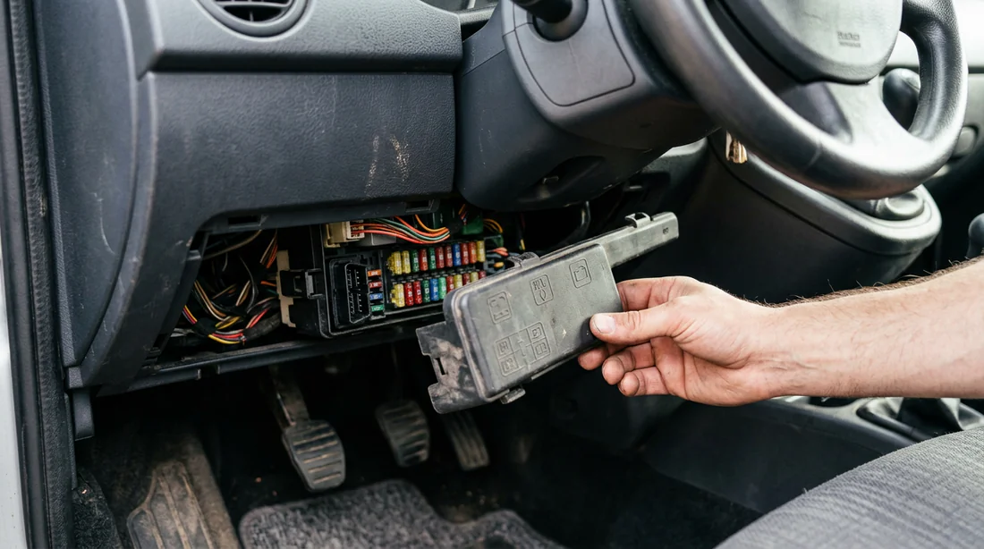 Retrait du cache de la boîte à fusibles pour accéder à la prise OBD2 du Kangoo