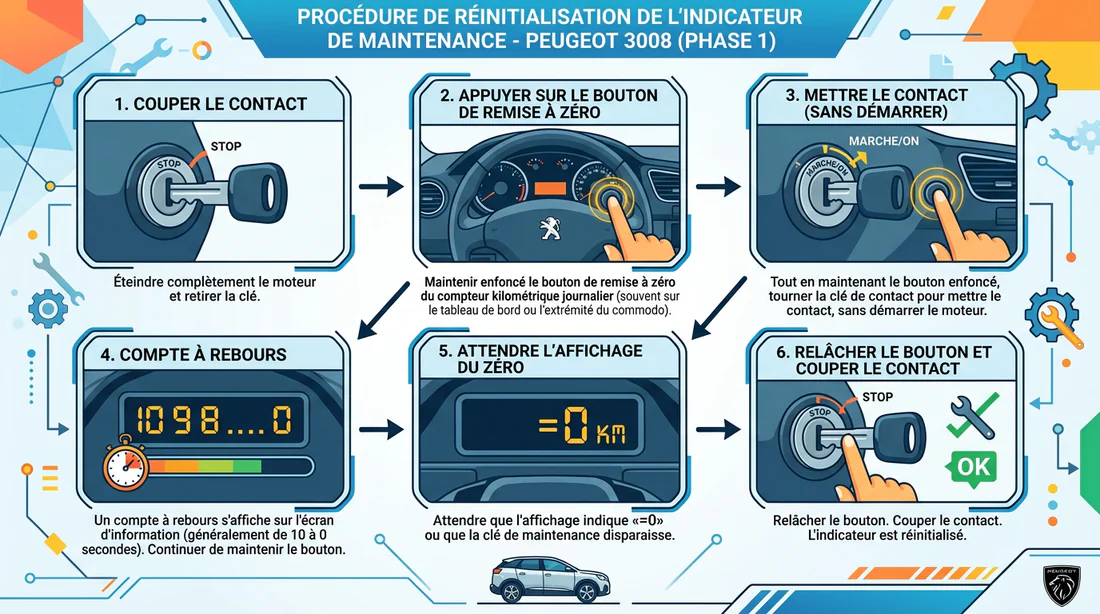 Schéma récapitulatif des étapes pour éteindre le voyant vidange Peugeot 3008