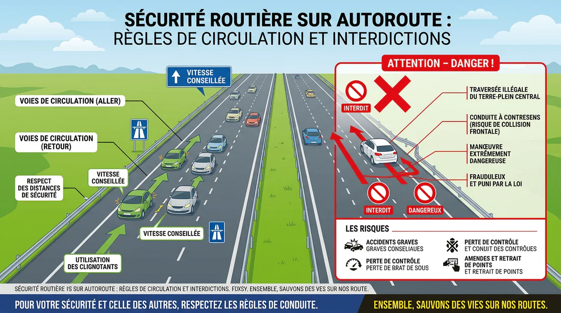 Schéma explicatif des règles du code de la route concernant le franchissement de la ligne médiane.